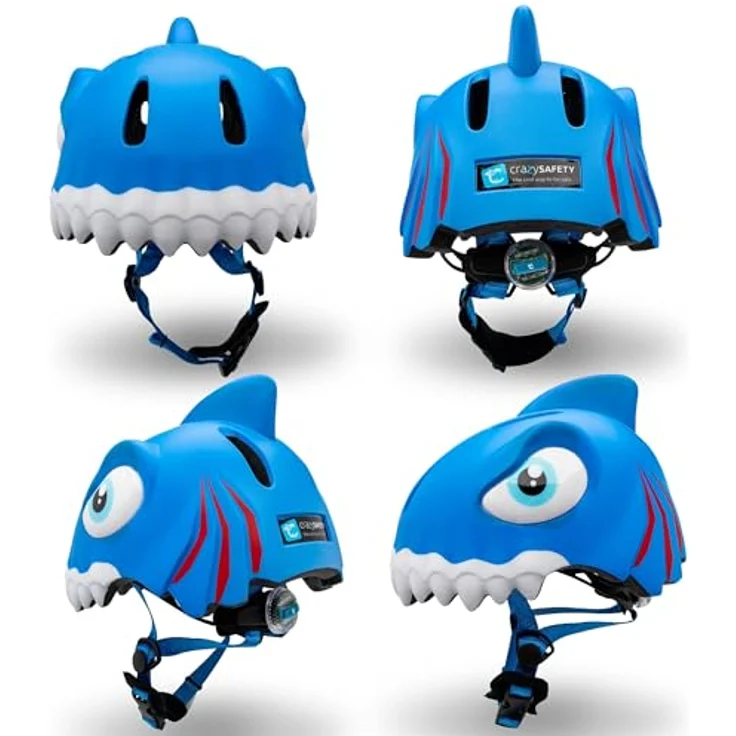 Crazy Safety Kinder Fahrradhelm, 3D Tierhelm für 2-7 Jahre, verstellbar, leicht, für Fahrrad, Skateboard, Laufrad, Tretroller, Inlineskates, mit LED-Rücklicht, Hai Blau, 49-55 cm – Bild 2