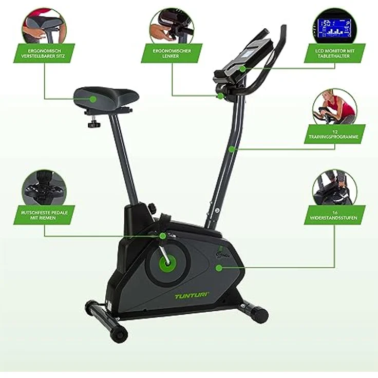 Tunturi Cardio Fit E30 Ergometer Heimtrainer - Fahrradtrainer - Fitnessfahrrad -Fahrradergometer - Hometrainer mit Handpulssensoren + Tablethalterung - Magnetbremssystem und LCD-Bildschirmanzeige – Bild 2