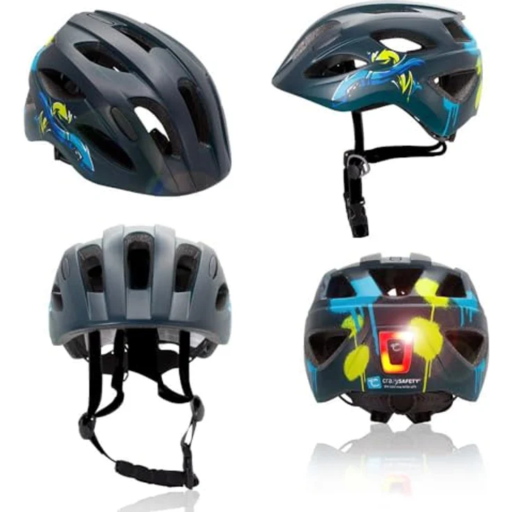 Crazy Safety Cool Arrow Kinderfahrradhelm, schwarz/blau, verstellbar von 54 bis 58 cm, EN1078, mit USB-LED-Licht und 15 Belüftungsöffnungen. – Bild 2