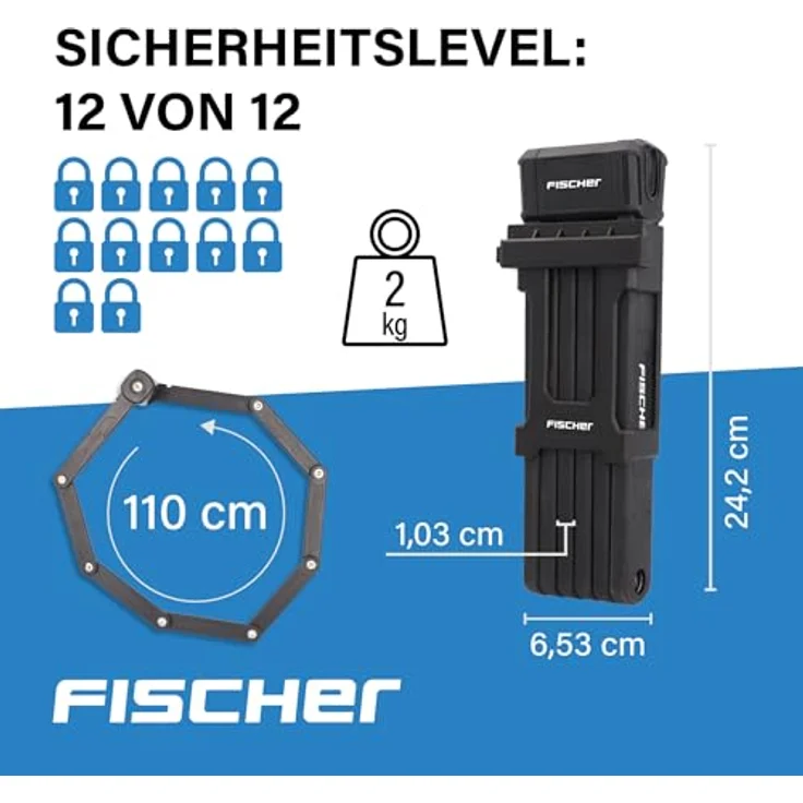 Fischer Fahrrad-Faltschloss PROTEC PLUS+ FK110, Hochsicherheits-Faltschloss mit 3 Schlüsseln (1 beleuchtet), flexibel und kompakt, 110 x 14 cm – Bild 6