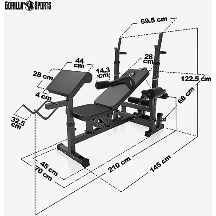 GORILLA SPORTS® Multifunktion Hantelbank - inkl. Hantelset mit 108 kg Gewichten, Verstellbar, mit Langhantel-Ablage, Curlpult, Butterfly, Dip-Station - Trainingsbank, Kraftstation, Schwarz – Bild 5