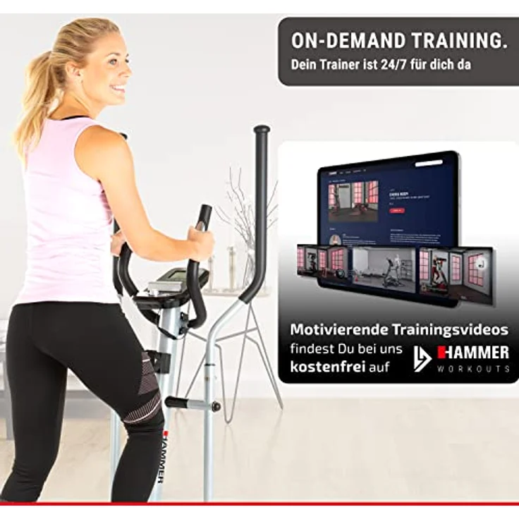 HAMMER Crosstrainer CT3, kompakt und platzsparend, Smartphone- und Tablethalterung für Multimedia-Unterhaltung, Cardiogerät mit Handpulssensoren, einfachste Bedienung, max. Gewichtsbelastung 100 kg – Bild 2