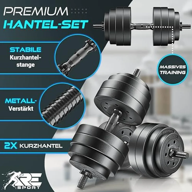 RE:SPORT 2er Hanteln Set verstellbar, 15/20/30/40 kg, mit rutschfestem Griff und 4 Sternverschlüssen, Fitness Kurzhanteln für Muskelaufbau & Workout Zuhause – Bild 5
