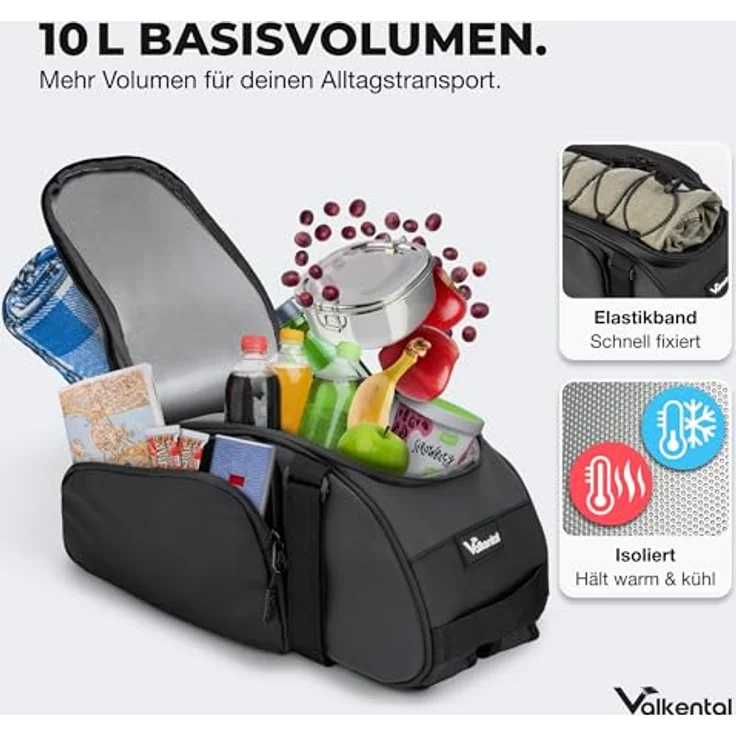 Valkental 3in1 Fahrradtasche für Gepäckträger, wasserfest & reflektierend, 10-14L Volumen, Rucksackfunktion, zahlreiche Fächer, mit Tragegriff, schwarze Variante – Bild 3