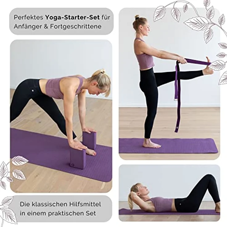 Bodhi Yoga-Set Flow | Set bestehend aus: 1 Yogamatte aus TPE, 2 Yoga-Bricks aus Eva (Moosgummi) und 1 Yoga-Gurt aus Baumwolle | Einsteiger-Set für Yoga-Anfänger (lila) – Bild 2