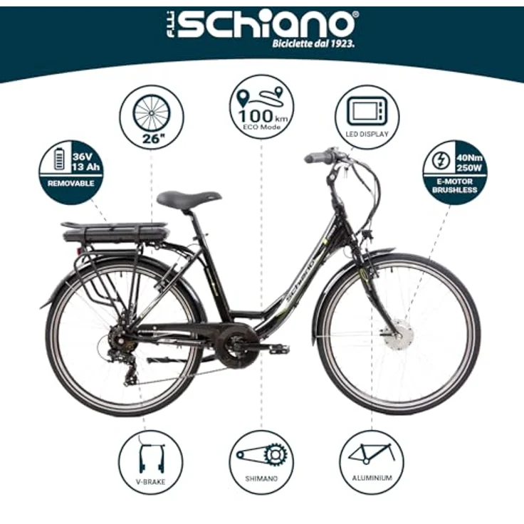 F.lli Schiano E-Moon 26 Zoll E-Bike Elektrofahrrad, Pedelec mit 250W Motor und 7-Gang-Getriebe, E-Citybike mit Frontmotor, Schwarz – Bild 2