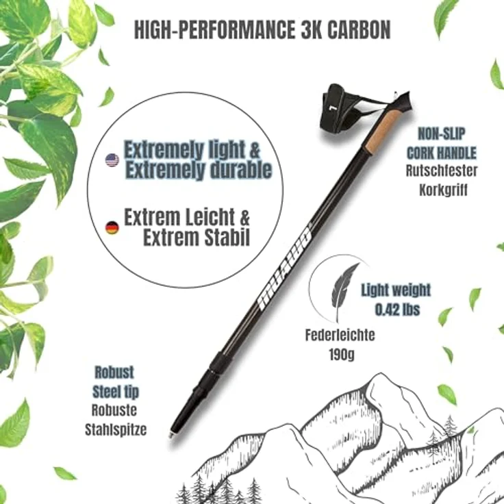 Muawo Premium Nordic Walking Stöcke, ultraleichte 190g, verstellbar 64-135cm Teleskopstange, 100% Carbon mit Anti-Schock-Feder, inkl. 3 Aufsätzen und 2 Gummitellern – Bild 2