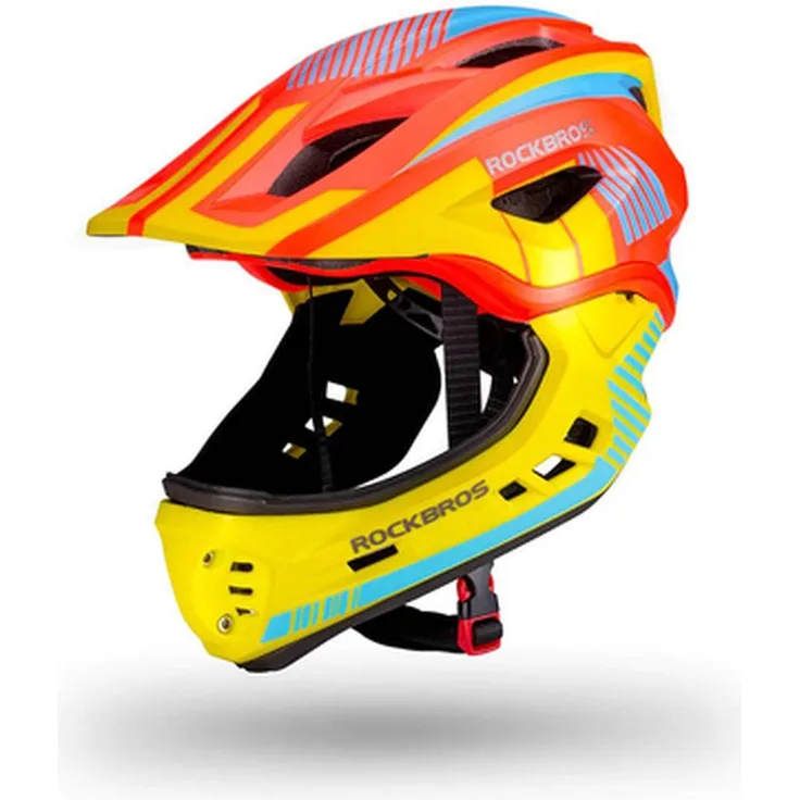 ROCKBROS TT-32 Kinderfahrradhelm, abnehmbarer Kinnschutz, Größe S, Gelb-Orange, 360° Verstellsystem