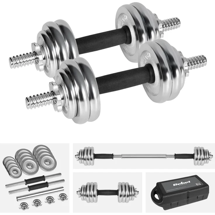 Rebel Chromierte Gusseisenhanteln Set 15 kg, verstellbar im Koffer mit Hantelstange