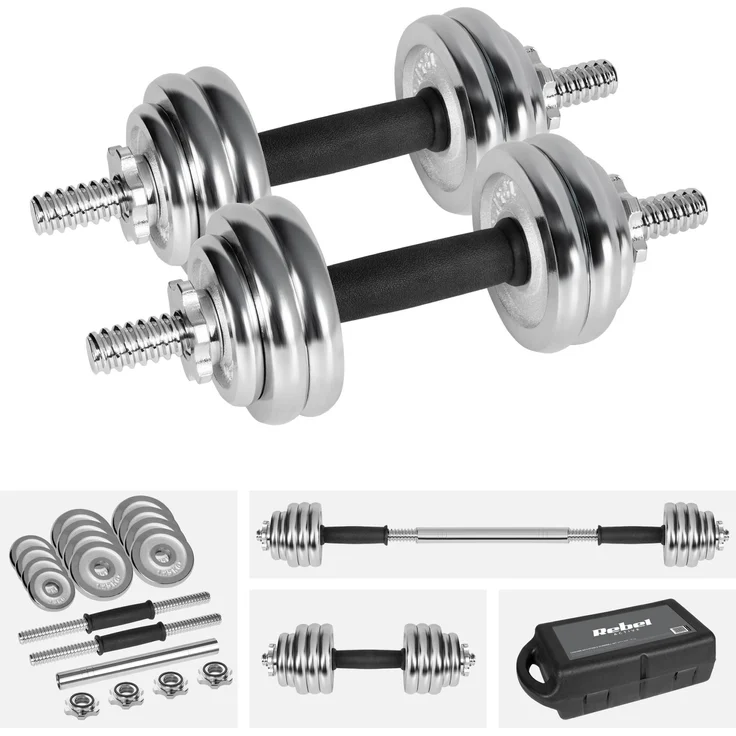 Rebel Chromierte Gusseisenhanteln Set 15 kg, verstellbar im Koffer mit Hantelstange