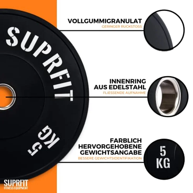 SF SUPRFIT Hantelscheiben 50 mm Gewichtsscheiben aus Vollgummigranulat, 5 kg, (2-tlg), Stoßabsorbierende Hantelscheiben 50mm, schwarz – Bild 2