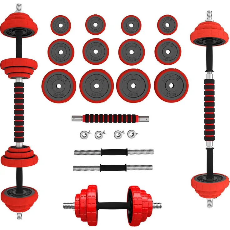 HMS SGGX20 Gummierte Hanteln 20 kg, verstellbares Hantelset in Schwarz und Rot, rutschfest, robustes Stahldesign