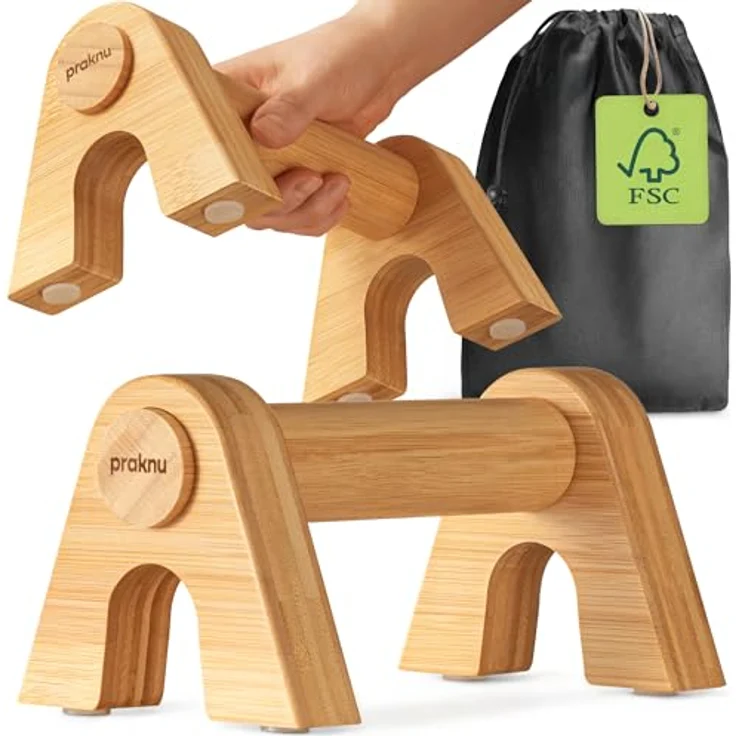 Praknu Liegestützgriffe aus Holz - Gelenkschonende & Rutschfeste Paralletes mit Tragetasche - Ergonomische Push Up Bars für Calisthenics, Handstand & Liegestütze - Für Zuhause & Outdoor – Bild 1