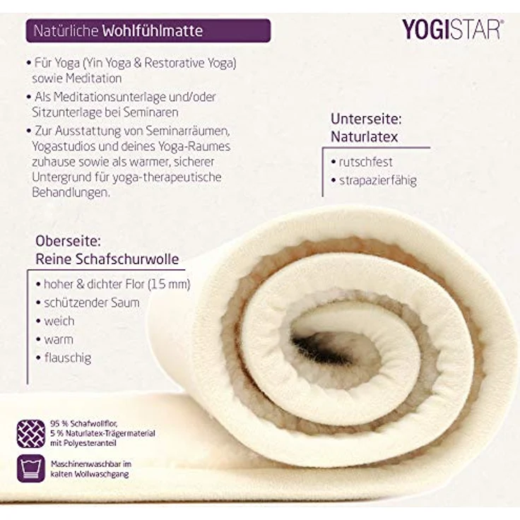 Yogistar Yogamatte Yogimat® Natur - Schurwolle - Umsäumt 200 X 75 X 1.5 cm - Nachhaltig und wärmend, ideal für Yoga und Meditation - Blau – Bild 3