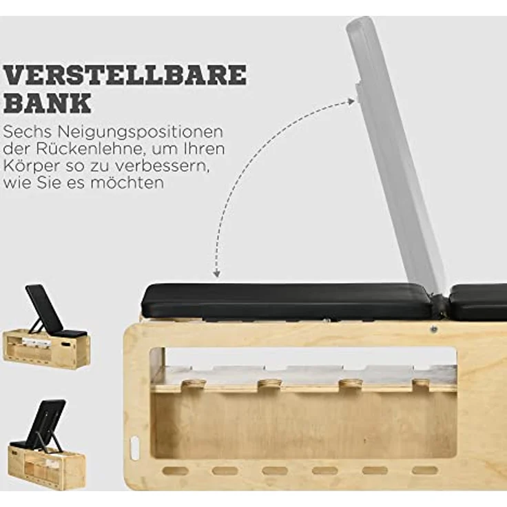 HOMCOM Hantelbank, Trainingsbank mit Aufbewahrungsbox und Widerstandsbändern, Verstellbare Fitnessbank für Gewichtheben, Krafttraining, Massivholz – Bild 5