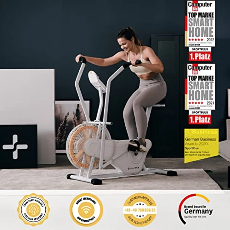 SportPlus Profi Air Bike mit Luftwiderstand, Heimtrainer für Zuhause, App kompatibel, Heimtrainer für HIIT, Smarter Trainingscomputer, bis 135 kg belastbar, weiß – Bild 2
