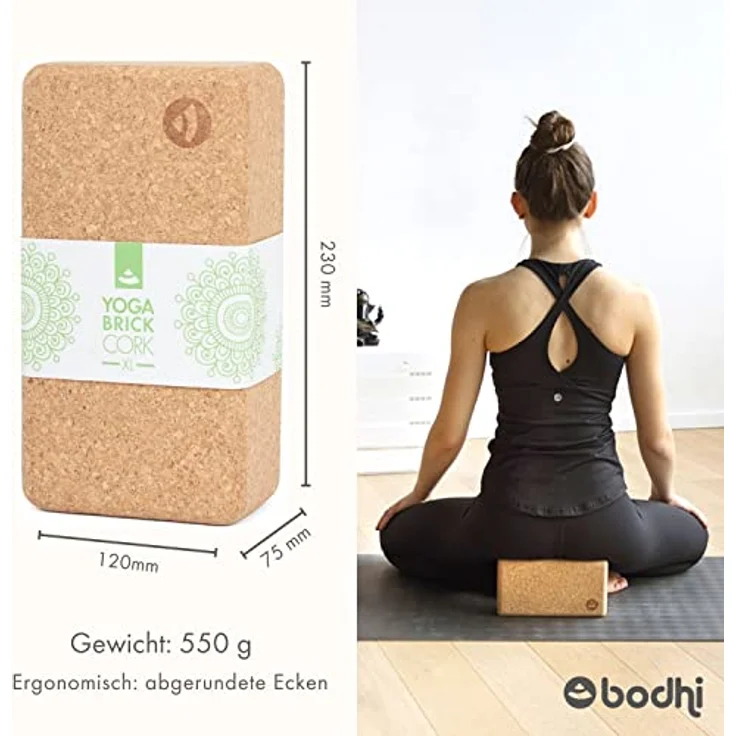 Bodhi Yoga Block Kork Brick | Einzeln & als Set | 100% Naturkork – Universal Yogaklotz | Umweltfreundlich & Nachhaltig | Tool für deine Asanas, Stretching & Regeneration | 230x120x75 mm – Bild 2