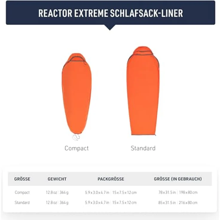 Sea to Summit Reactor Extreme Schlafsack-Liner, Compact Mummy mit Kordelzug, Thermolite für Thermo-Boost, Ultra-Sil Packsack, orange, 342g – Bild 3