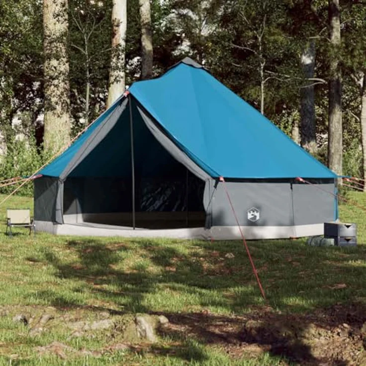 vidaXL Tipi Familienzelt 12 Personen, Campingzelt mit Netzwände, Wasserdicht Tipizelt mit E-Anschluss, Gartenzelt, Blau 185T Polyester – Bild 4