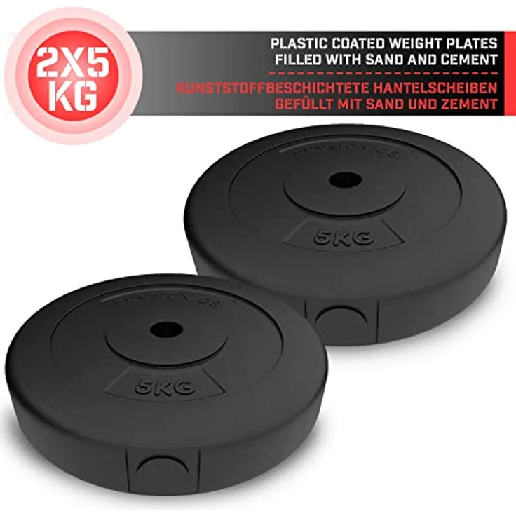 Physionics® Hantelscheiben - 2er Set (2.5/5/10/15 kg), Ø 30 mm, Kunststoff, Schwarz - Gewichtsscheiben Set Gewichte für Hantel/Langhatel/Kurzhantel (2 x 5 kg) – Bild 2