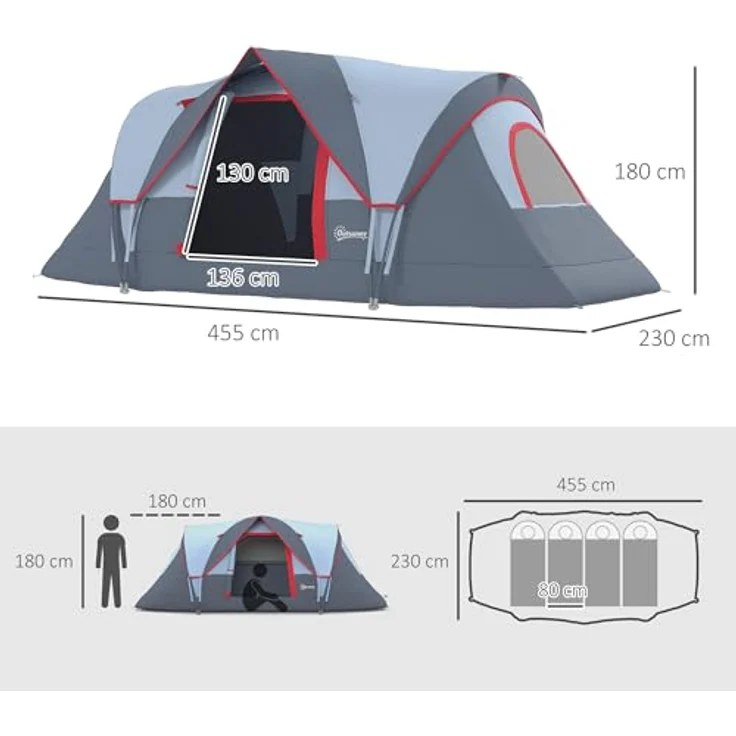Outsunny Campingzelt für 5-6 Personen stabil wasserdicht Familienzelt mit Eingang Fenster Packtasche, Tunnelzelt Kuppelzelt für Camping Reise Garten, Hellgrau – Bild 5