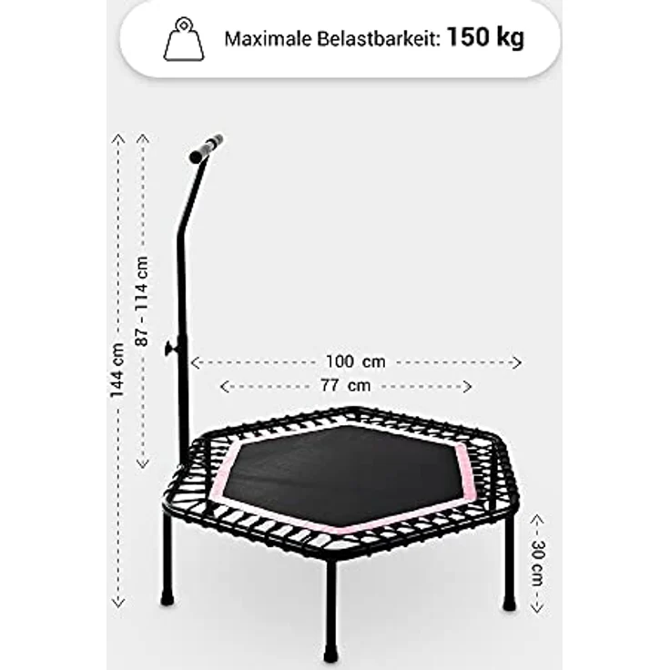 GORILLA SPORTS® Fitness Trampolin - 6-Fach Höhenverstellbarer Haltegriff, Leise Gummiseilfederung, 77cm Sprungfläche, bis 100kg Belastbar, Farbwahl - Jumping Fitness Trampolin, Indoor/Outdoor, schwarz – Bild 4