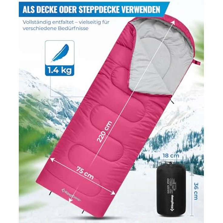 KingCamp Schlafsack Deckenschlafsack für 3-4 Jahreszeiten, ultraleicht und warm, rosa, 220×75 cm, für Erwachsene und Kinder – Bild 2