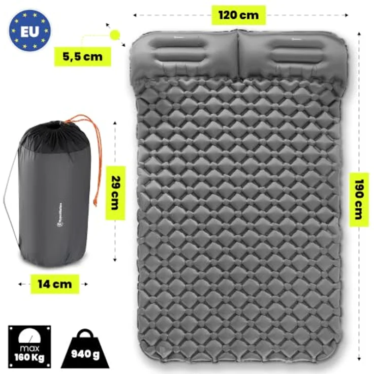 HyperMotion Campmat 2, ultraleichte Isomatte für 2 Personen, 190x120 cm, grau, mit integrierten Kopfkissen und schnellem Mundaufblasen – Bild 8