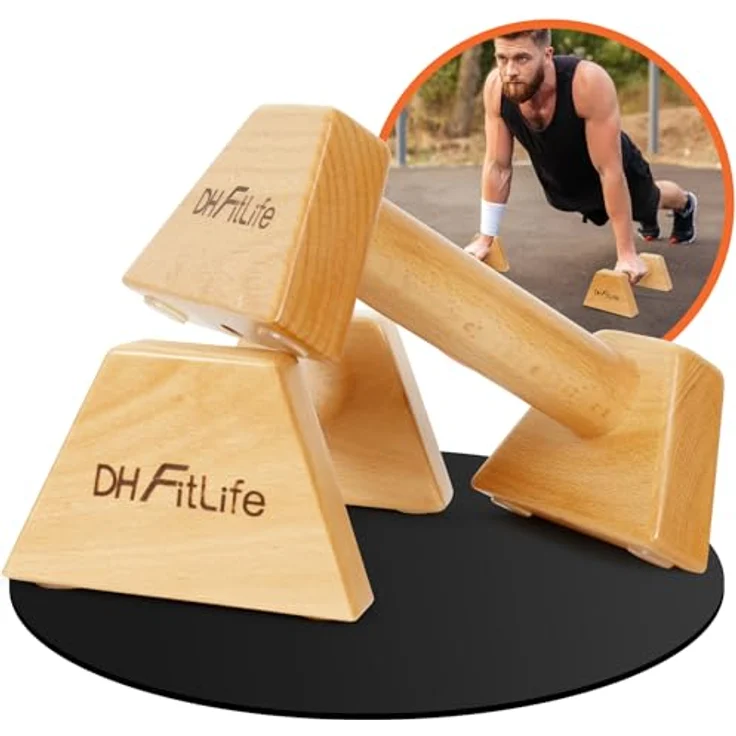DH FitLife Liegestützgriffe aus Holz - 2x gelenksschonende & rutschfeste Handstand-Griffe | Parallettes | Dip Barren | Push-Up Bars | Calisthenics Equipment für Strength Training | Indoor & Outdoor, Buchenholz, belastbar bis 200 kg – Bild 1