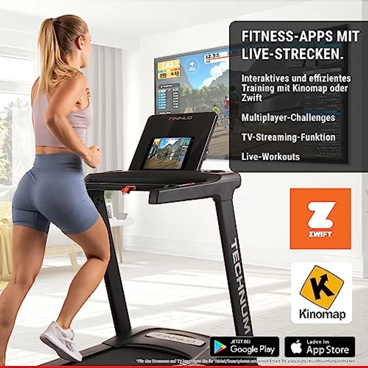 HAMMER Finnlo Laufband Technum, Klappfunktion, LED-Display, 30 Programme, Kinomap, Zwift, 5 PS, 20 km/h, 150 x 51 cm Lauffläche – Bild 3