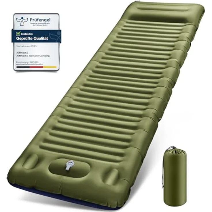 JEMULICE Isomatte Camping, 12CM Ultradicke Luftmatratze mit Fußpumpe, ultraleicht und wasserdicht, kompaktes Packmaß - Armeegelb – Bild 1
