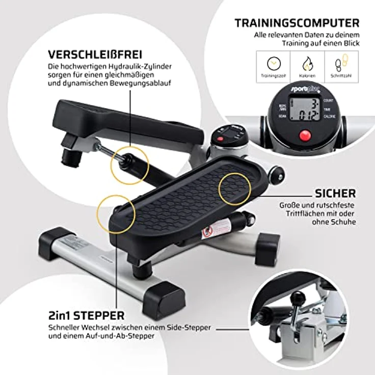 SportPlus 2-in-1 Mini-Stepper mit patentierter Umschalttechnik, Swing-Stepper und Auf-und-Ab-Stepper in einem Gerät, bis 100kg, verschleißfreie Hydraulik-Zylinder – Bild 4