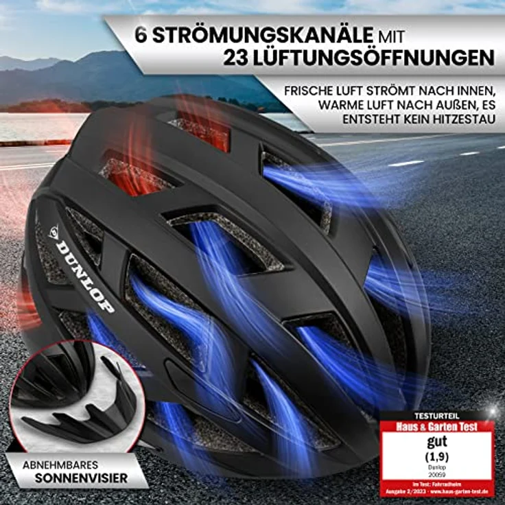Dunlop Fahrradhelm mit Licht, ultraleichter Urban Helm für Damen, Herren und Kinder mit abnehmbarem Visier, Rücklicht und optimaler Belüftung, Schwarz, Gr. L – Bild 5