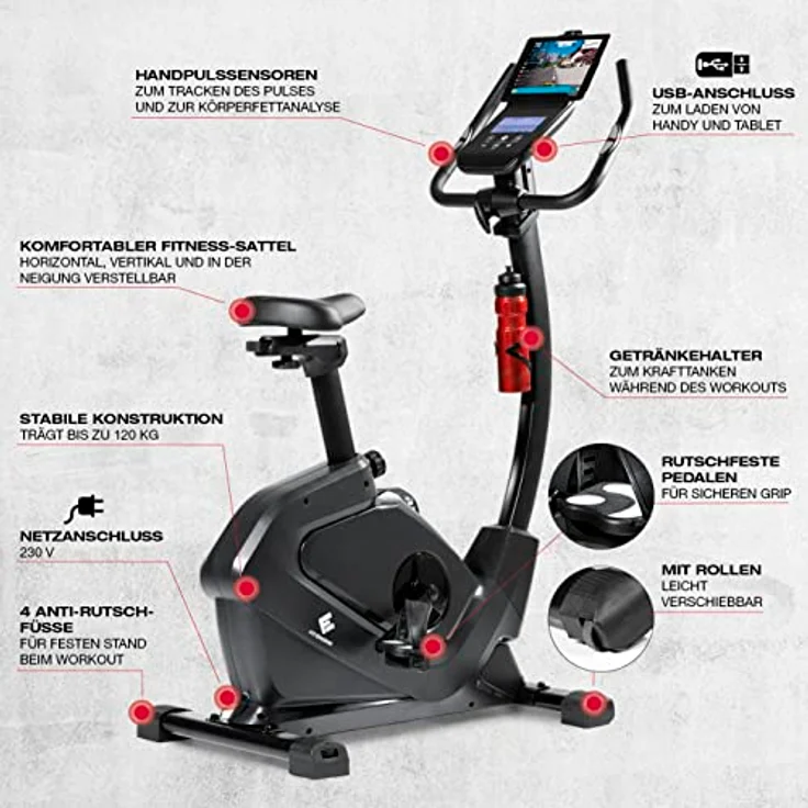 FitEngine Heimtrainer | hochwertiges Aluminium-Schwungrad | 9kg Schwungmasse | 24 Widerstandsstufen | 28 Trainingsprogramme | App-kompatibel - Kinomap | verstellbarer Sportsattel | bis 120kg belastbar - Preisvergleich – Bild 2