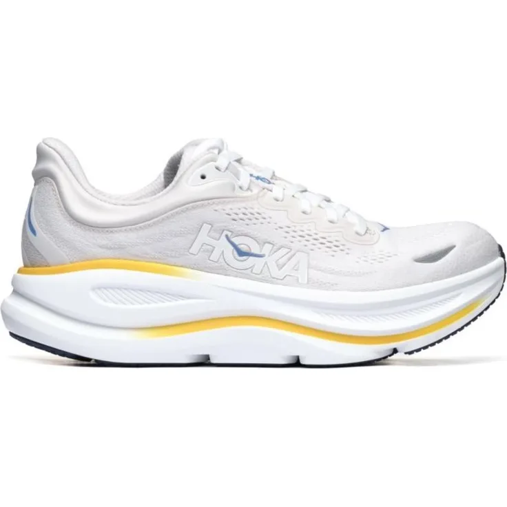 Hoka One One M Bondi 9, Laufschuhe aus atmungsaktivem Mesh, stabilisierende Fersenkappe, reflektierende Elemente, 5 mm Sprengung, White / Grout White / Grout, Größe 44