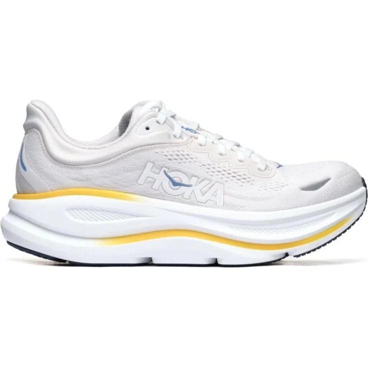 Hoka One One M Bondi 9, Laufschuhe aus atmungsaktivem Mesh, stabilisierende Fersenkappe, reflektierende Elemente, 5 mm Sprengung, White / Grout White / Grout, Größe 44