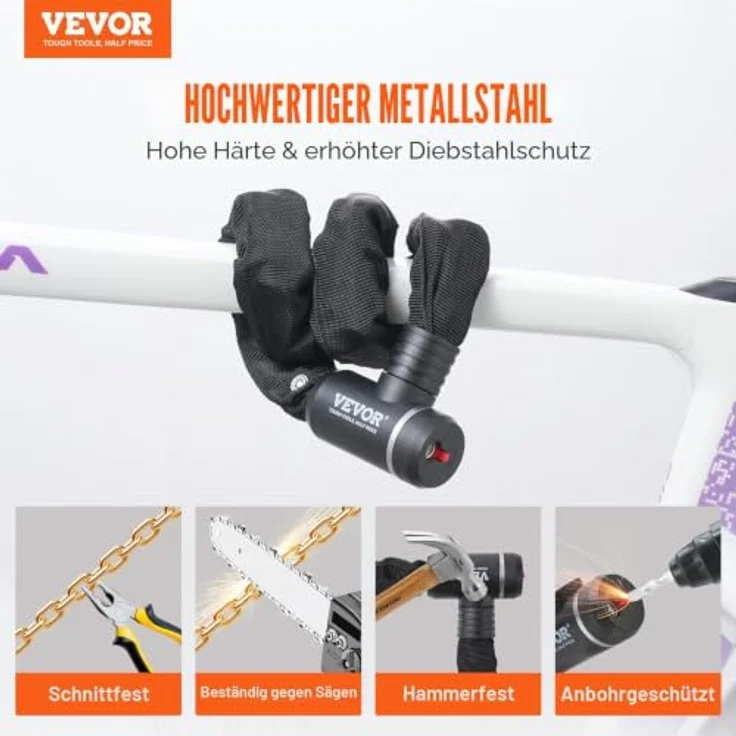VEVOR 88 cm Kombinations-Fahrradkettenschloss, Hochsicherheits-Fahrradschloss aus Schmiedestahl mit 2 Schlüsseln, diebstahlsicher und kratzfest – Bild 2