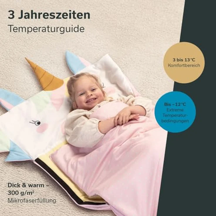 SKANDIKA Kinderschlafsack Soti, Camping Schlafsack für Kinder bis 150 cm, buntes Einhorn-Design, Baumwolle, maschinenwaschbar, Komfort-Temperatur 13 °C bis 3 °C – Bild 4