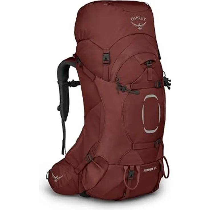 Osprey Aether 55 Deep Acorn Red S/M, Wanderrucksack mit variabler Passform und atmungsaktiver Rückenplatte