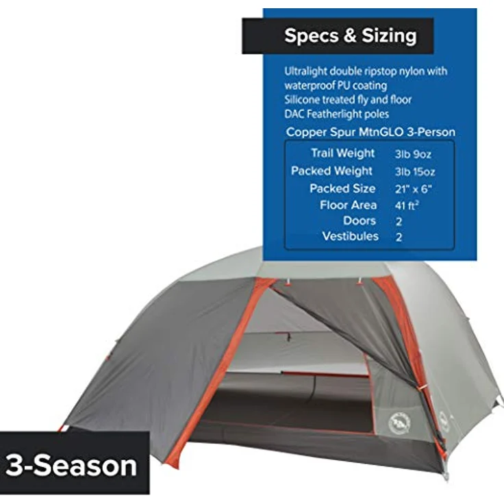 Big Agnes Copper Spur HV UL 3 mtnGLO, Kuppelzelt für 3 Personen, 1.77 kg mit LED-Beleuchtung und wetterfester Beschichtung – Bild 4