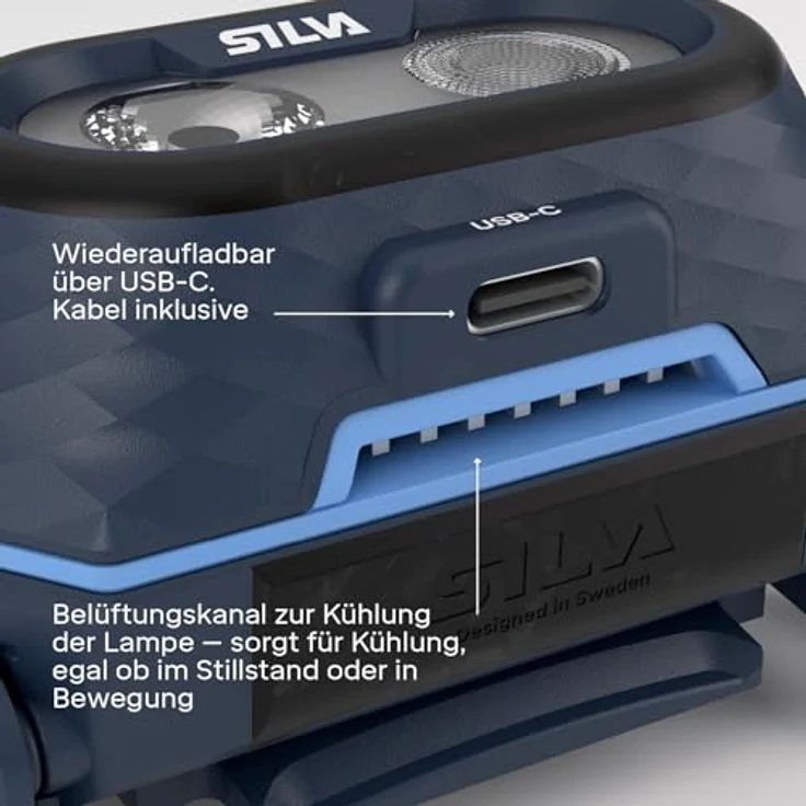 Silva Explore 5 Stirnlampe LED Wiederaufladbar USB C, 700 Lumen, 3 Farben (Weiß, Orange, Rot), IP68 wasserdicht, 4 Helligkeitsstufen, Batterieanzeige, stoßfest – Bild 3