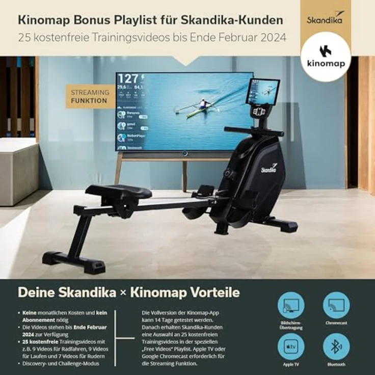 Skandika Rudergerät Munin | Rudergerät für zuhause, klappbar, 16-stufiger Magnetwiderstand, 8 kg Schwungmassensystem, Kinomap App kompatibel | Fitnessgerät (schwarz) – Bild 4