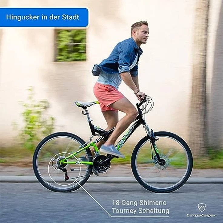 Bergsteiger Buffalo 26 Zoll Mountainbike, 18 Gang-Schaltung, vollgefederter Hi-Ten Stahlrahmen, Scheibenbremse, Licht, Schutzblech, geeignet ab 155 cm – Bild 3