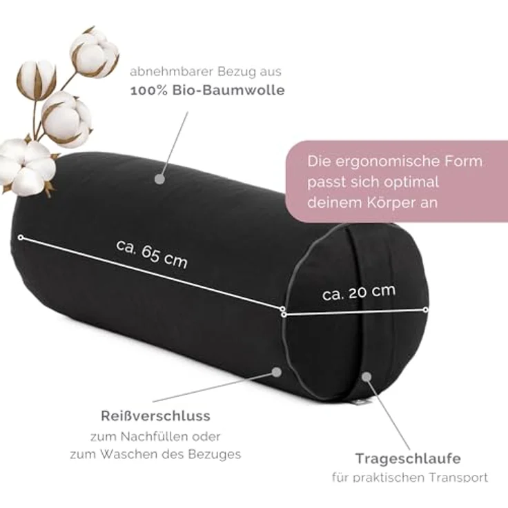 Bodhi Yoga Bolster, 100% Bio-Baumwolle, runde Yogarolle mit Bio-Dinkelfüllung, waschbar, Größe 65 x 20 cm, schwarz – Bild 2