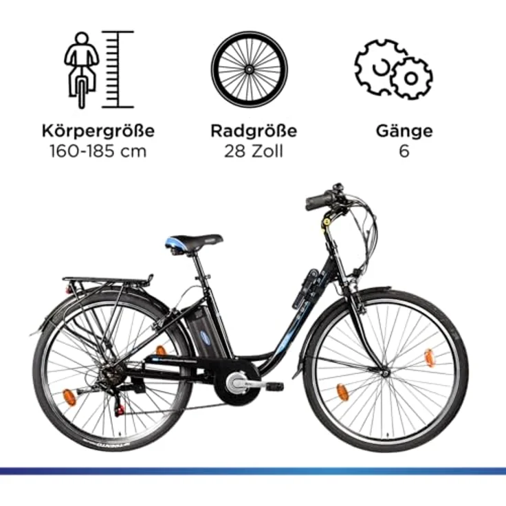 ZÜNDAPP Z505 E Bike Damen 28 Zoll Elektrofahrrad mit 6 Gängen, Pedelec City Hollandrad, tiefer Einstieg (schwarz/blau, 48 cm) - Preisvergleich – Bild 3