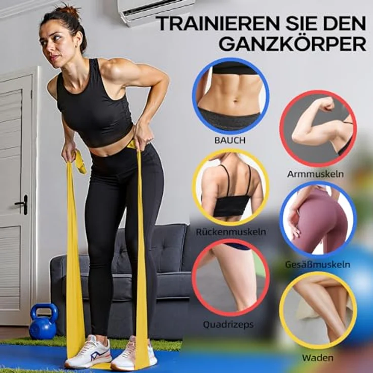 Fokky Fitnessbänder 3er-Set, 1.5M Widerstandsbänder in Gelb (15lbs), Rot (20lbs) und Blau (25lbs), Gymnastikbänder für Crossfit, Muskelaufbau, Yoga und Pilates – Bild 4