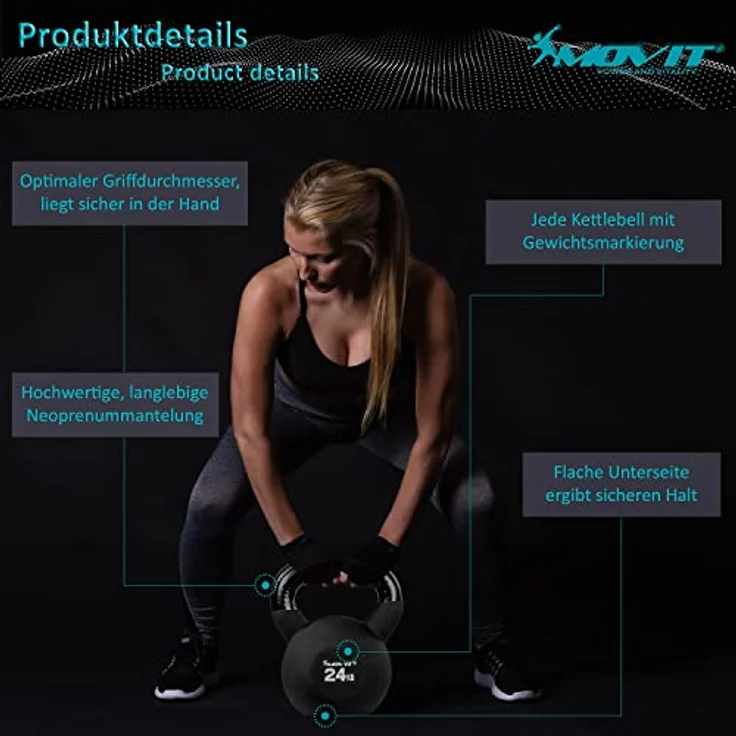 MOVIT Kettlebell PRO, Kugelhantel aus Gusseisen mit Neoprenbeschichtung, 12 Varianten: 2 bis 24 kg, schadstoffgeprüft, Schwunghantel Kugelgewicht – Bild 5