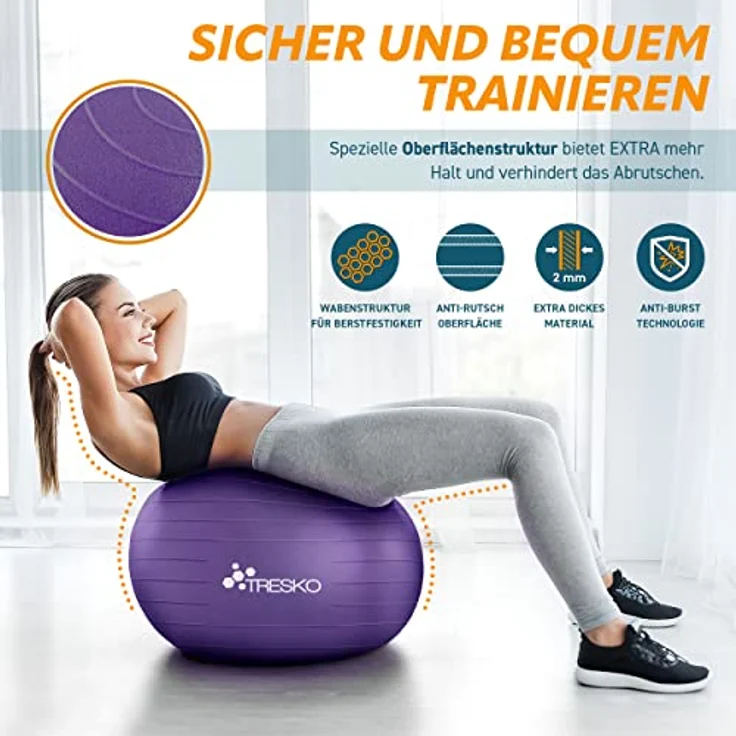 TRESKO Gymnastikball mit GRATIS Übungsposter inkl. Luftpumpe - Yogaball BPA-Frei | Sitzball Büro | Anti-Burst | 300 kg,Lila,85cm (für Körpergröße über 185cm) – Bild 4