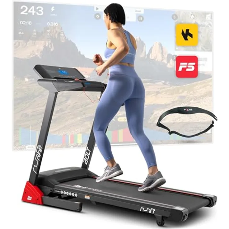 Hop-Sport Laufband für Zuhause HS-1400LB Bolt – Klappbares Laufband mit App-Steuerung, Bluetooth, MP3-Player und HRC-Programmen, 14km/h, inkl. Pulsgurt