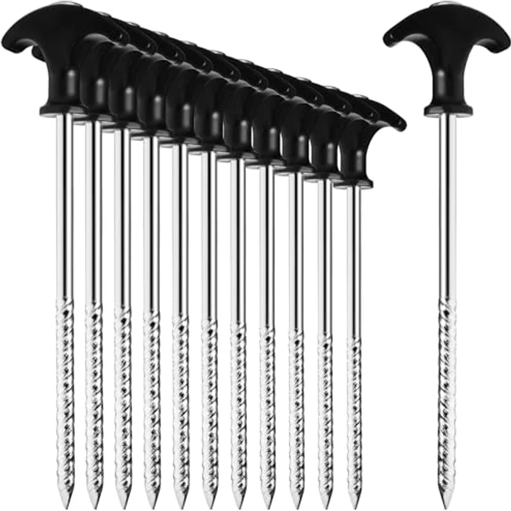 com-four® 12x Zelt-Heringe, robuste Erdnägel mit Gewinde und T-Griff, ideal für normalen und harten Boden, silberfarben und schwarz – Bild 1
